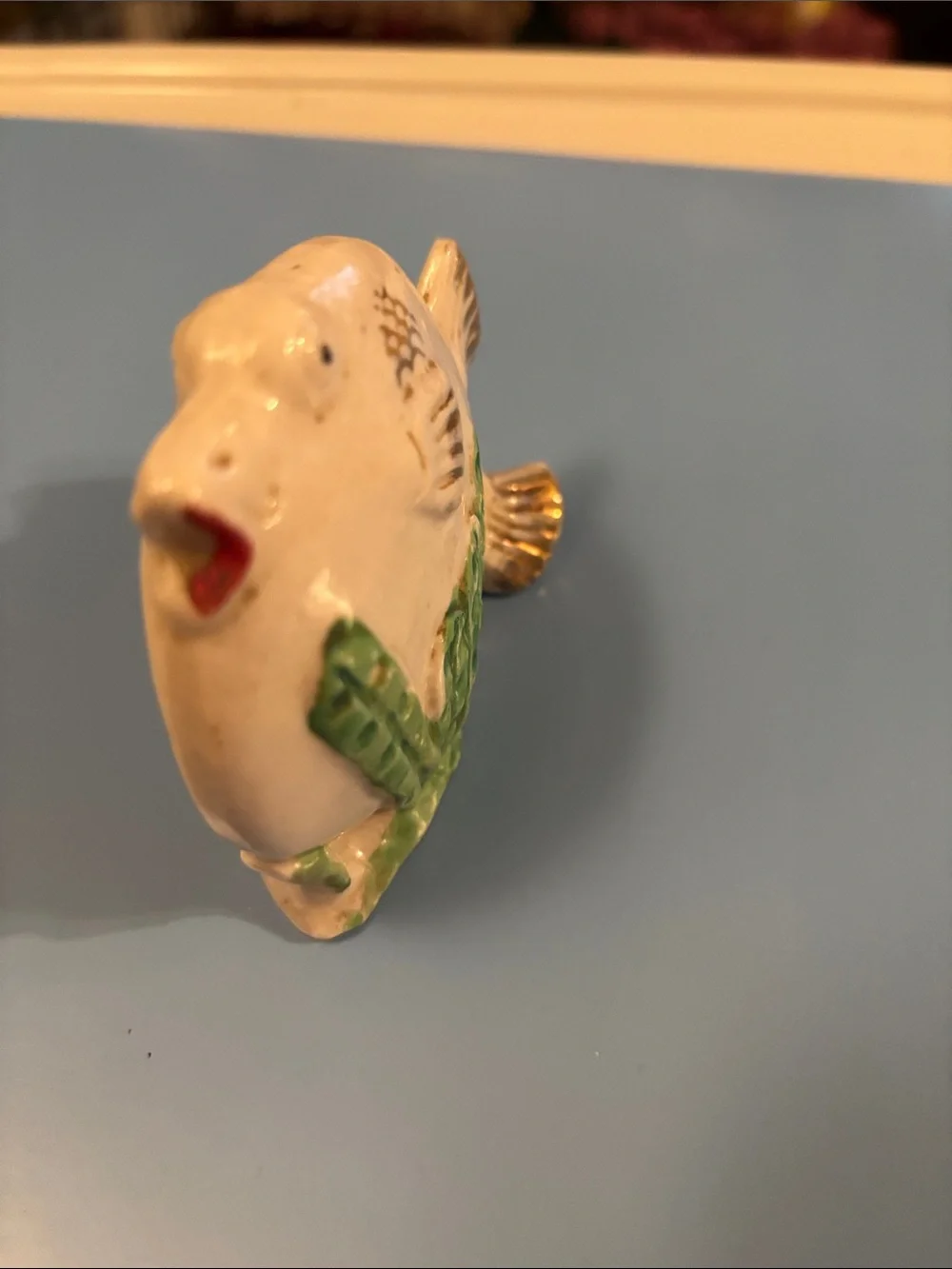 VINTAGE,Ceramic Puffer Fish Figurine - White with Green Accent